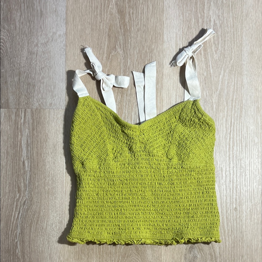 Free People Lime Green Smocked Cami with Cream Tie Straps